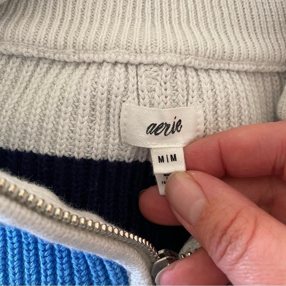 Aerie Beyond Quarter Zip Sweater Blue White Striped Chunky Knit Pullover: Medium - Picture 7 of 10